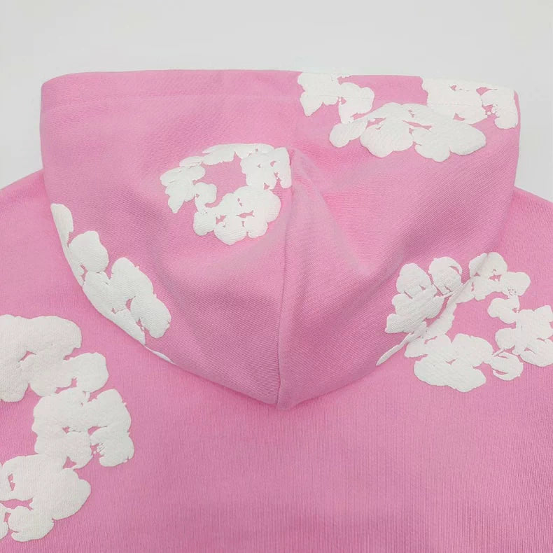 Pink “Cotton Wreath” Denim Tears Hoodie – White Floral Print Streetwear Pullover
