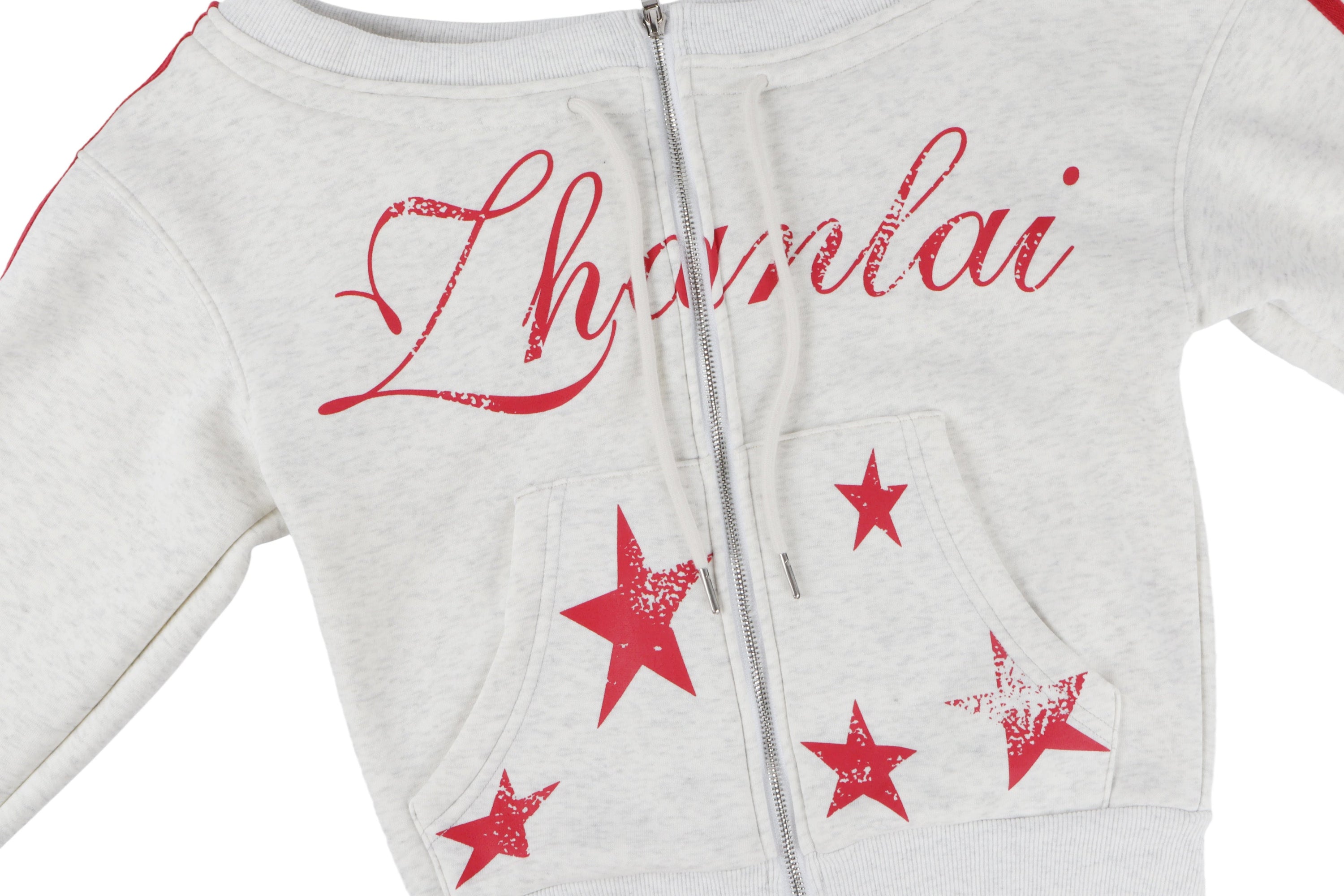 Y2K Off-Shoulder Zip Hoodie | Red Star Cropped Sweatshirt