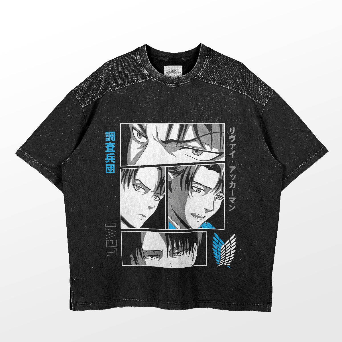 The Levi Ackerman Expressions Attack on Titan T-Shirt from the Attack on Titan brand features grayscale art of Levi's expressions, accented with Japanese characters and a blue and white wing emblem.