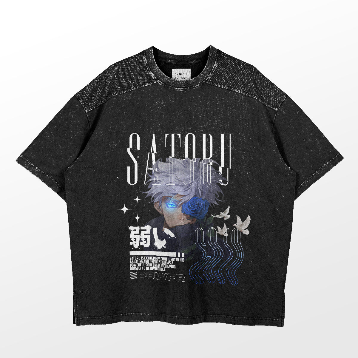 The Gojo Satoru Jujutsu Kaisen Shirt features a black design of a white-haired, blue-eyed anime character with &quot;SATORU,&quot; Japanese characters, birds, and abstract shapes. Perfect as Jujutsu Kaisen merch in any anime apparel collection.