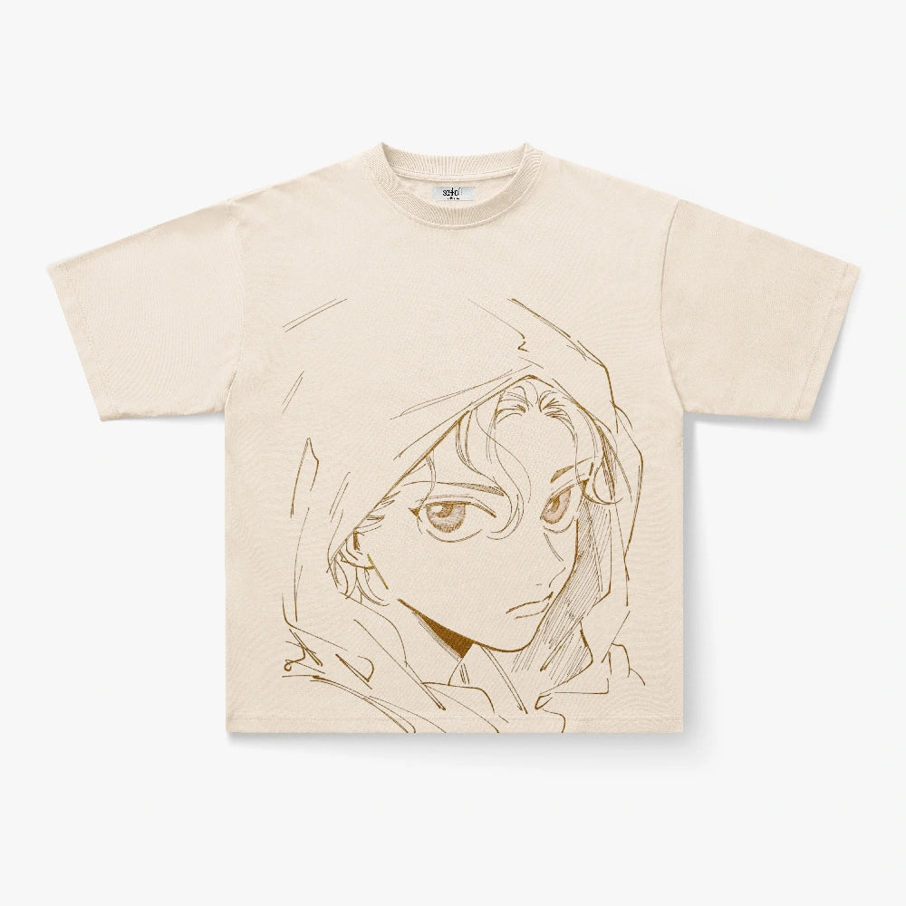 Cream Oversized Anime Lineart Portrait Graphic T-Shirt