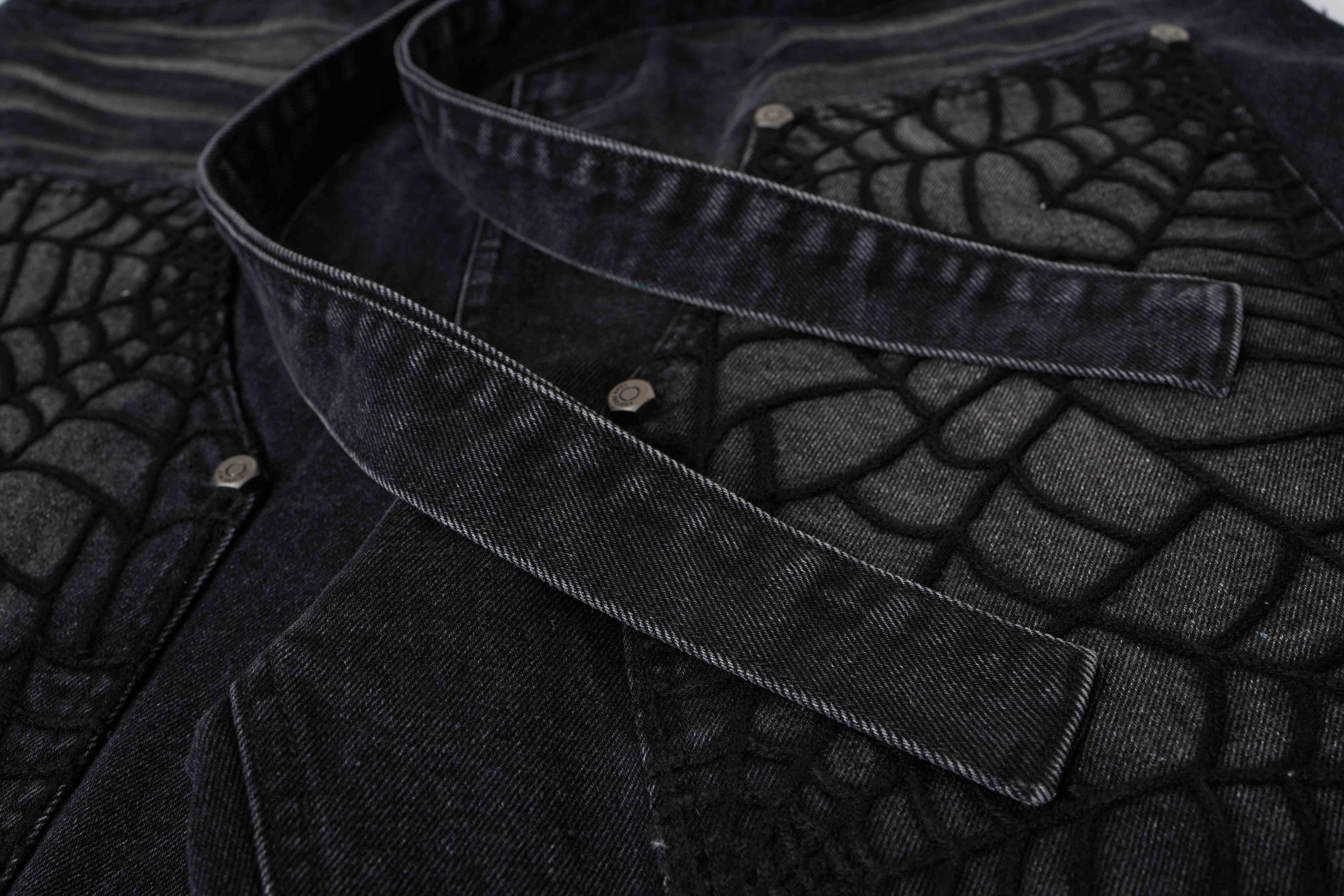 Spiderweb Panel Strap Denim Shorts | Washed Black Streetwear