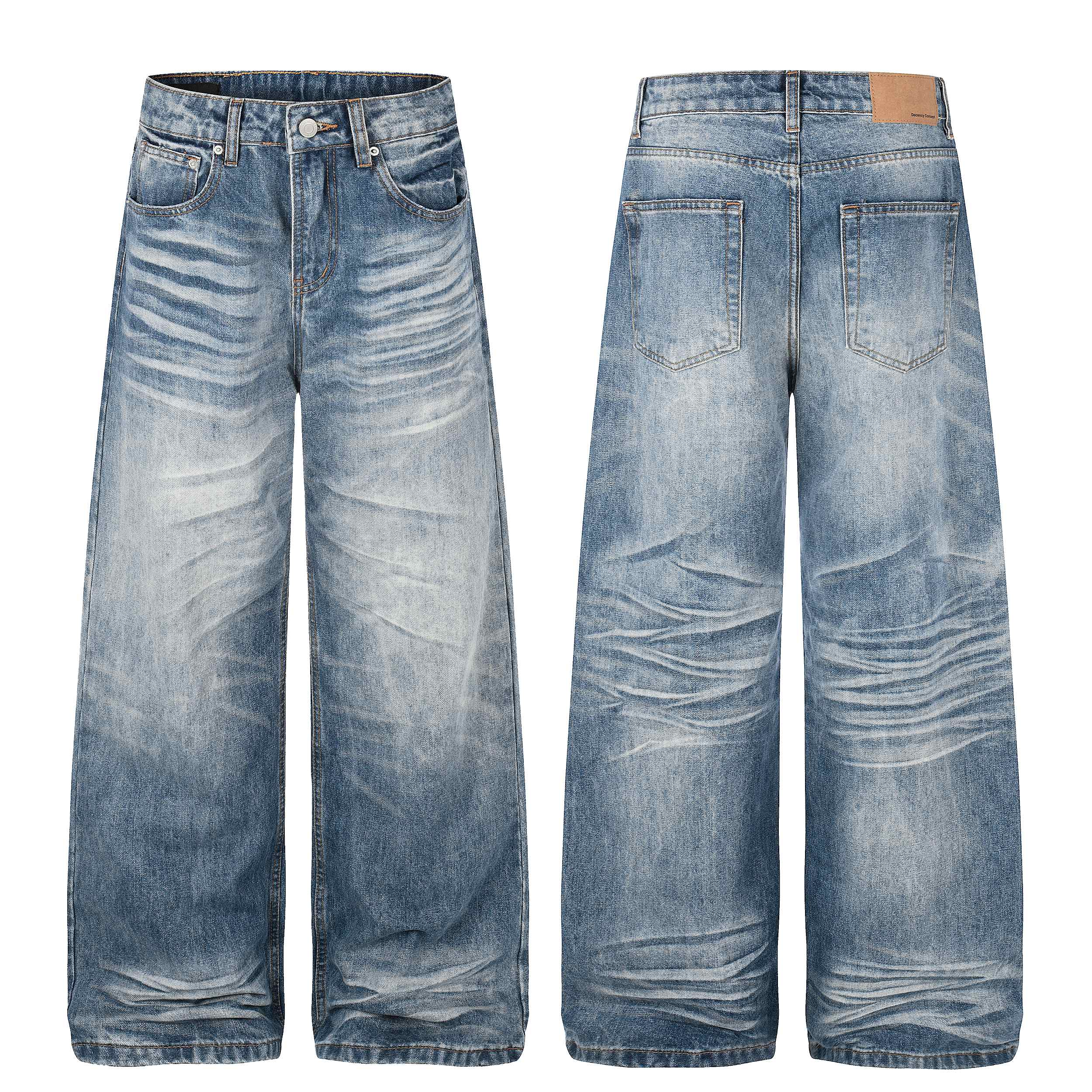 Front and back view of men's vintage fade baggy wide-leg jeans in medium blue washed denim with heavy whisker detailing