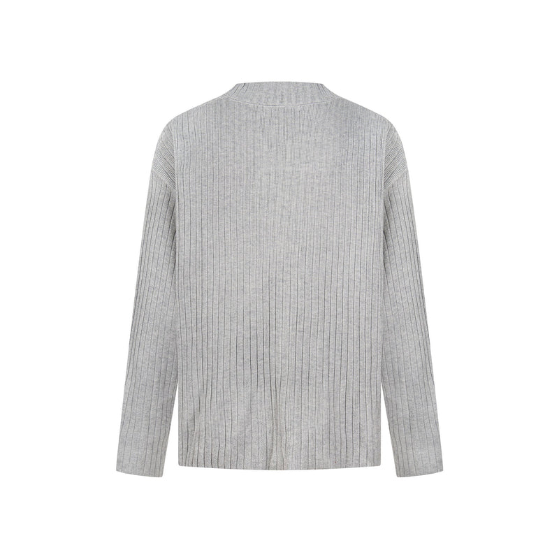 Light gray ribbed knit sweater, back view with plain solid finish