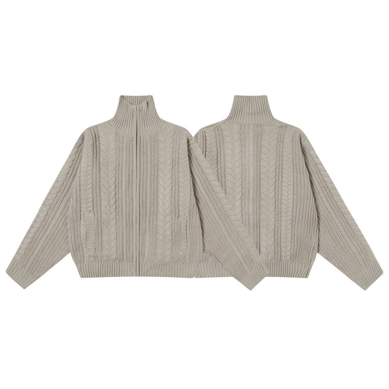 Front and back views of a beige cable knit zip-up turtleneck sweater