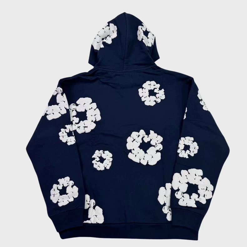 Navy “Cotton Wreath” Denim Tears Hoodie – White Floral Print Streetwear Pullover