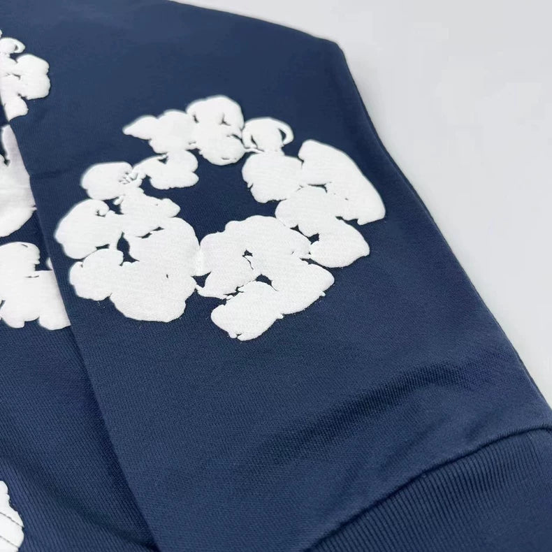 Navy “Cotton Wreath” Denim Tears Hoodie – White Floral Print Streetwear Pullover