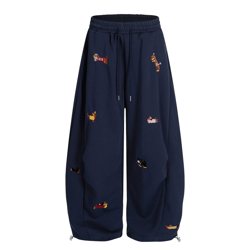 Embroidered Dog Motif Wide-Leg Sweatpants | Omirad