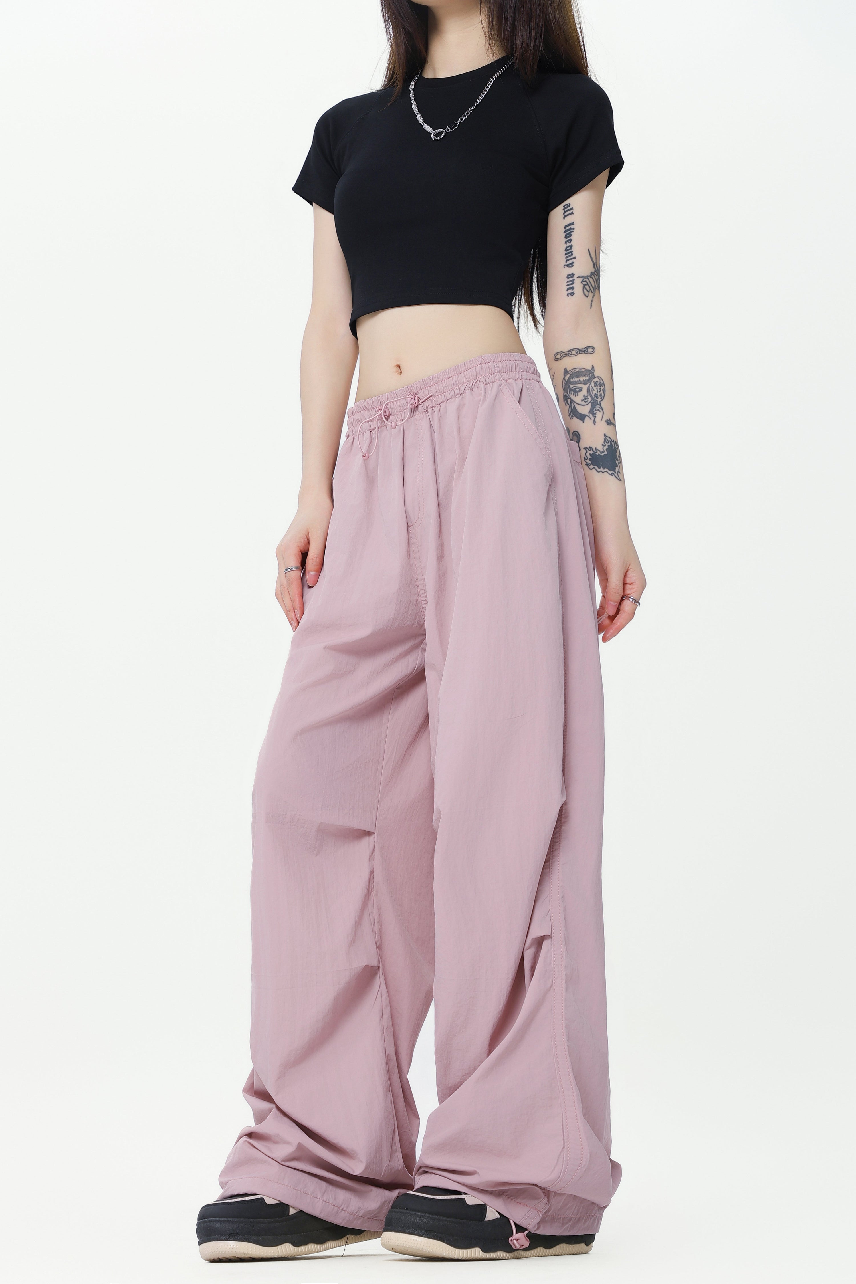 Lightweight Nylon Drawstring Parachute Pants | Wide Leg