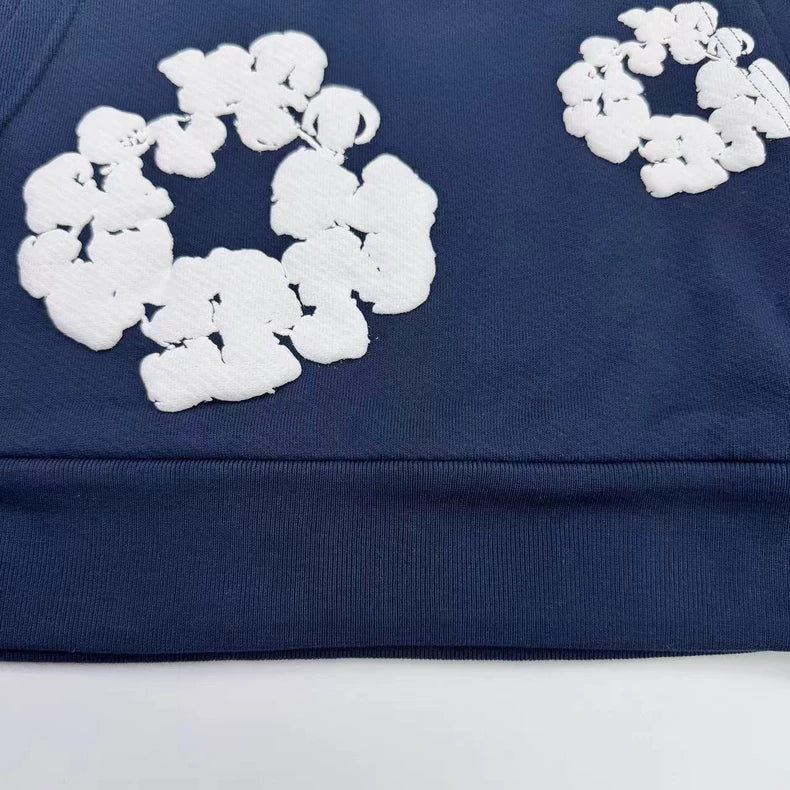 Navy “Cotton Wreath” Denim Tears Hoodie – White Floral Print Streetwear Pullover