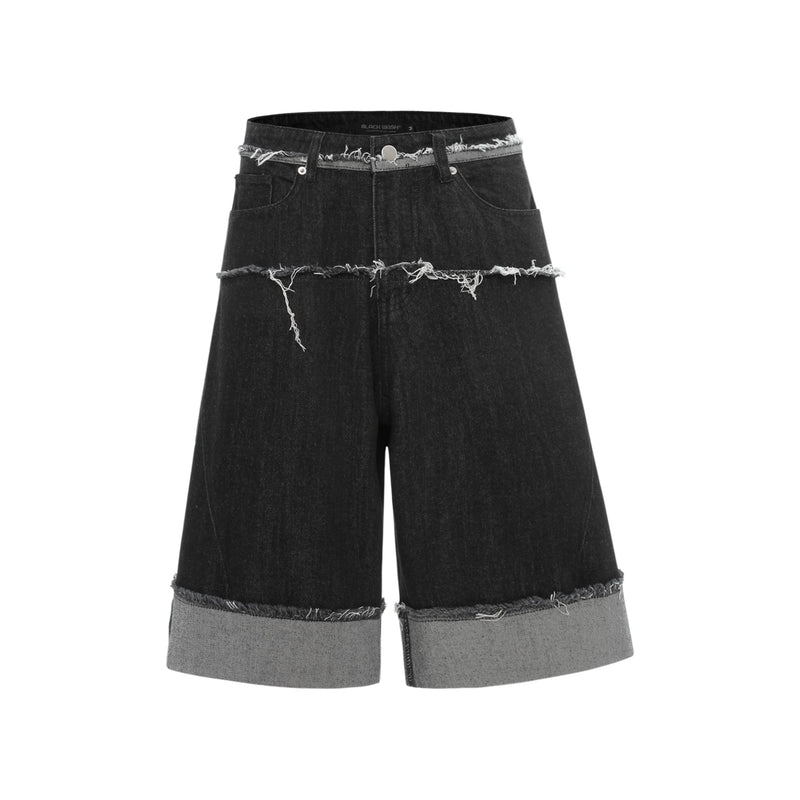 Front view of black wide-leg denim shorts with raw frayed bands and gray cuffed hems