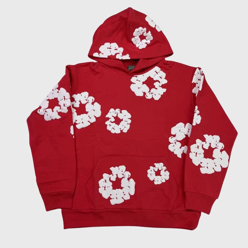 Red “Cotton Wreath” Denim Tears Hoodie – White Floral Print Streetwear Pullover
