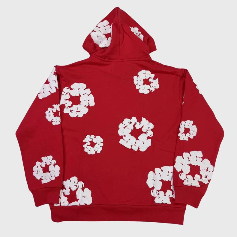 Red “Cotton Wreath” Denim Tears Hoodie – White Floral Print Streetwear Pullover