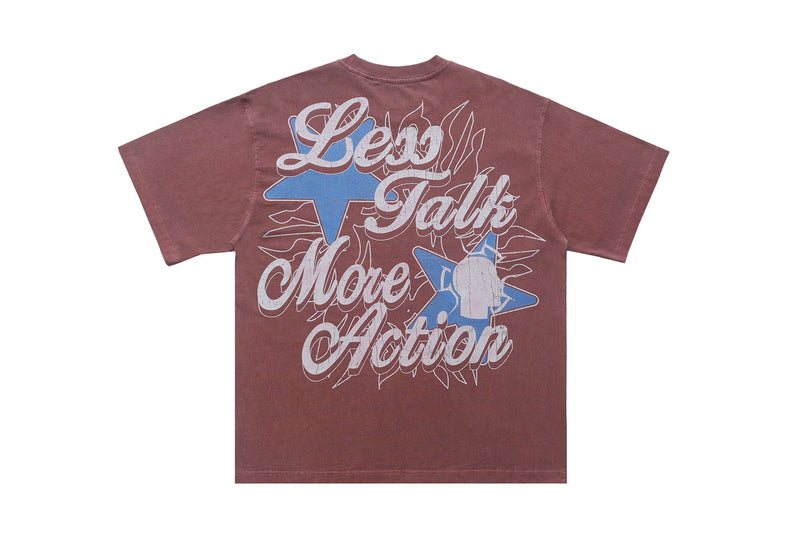 Vintage washed maroon graphic T-shirt with bold Walk the Talk slogan and blue star accents on the back