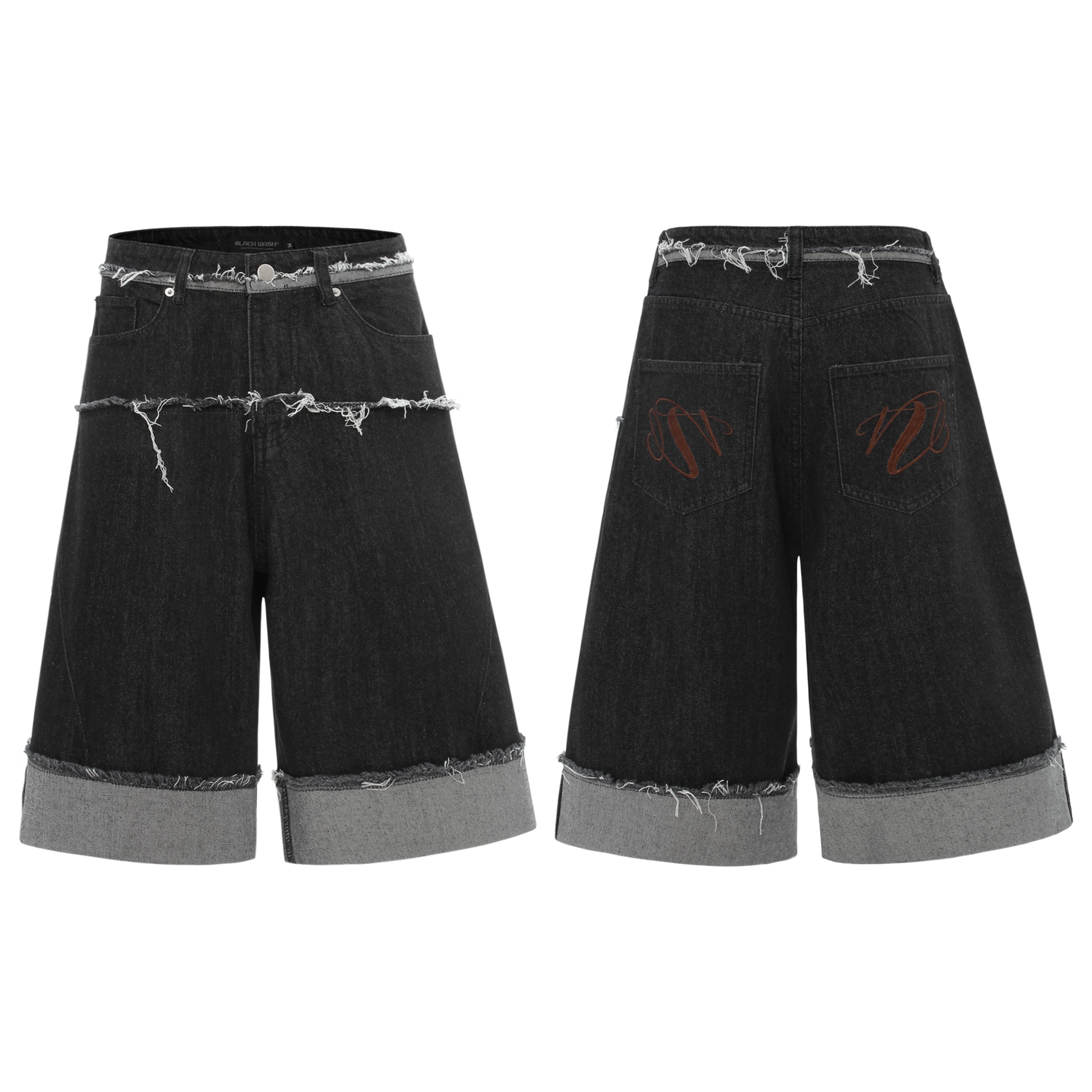 Front and back view of black distressed wide-leg denim shorts with frayed seams, cuffed raw hems and red back pocket embroide