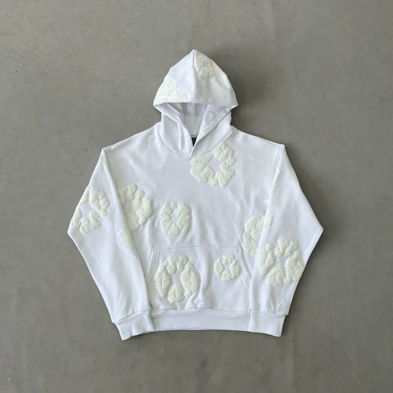 White Monochrome “Cotton Wreath” Denim Tears Hoodie – Minimal Streetwear Sweatshirt