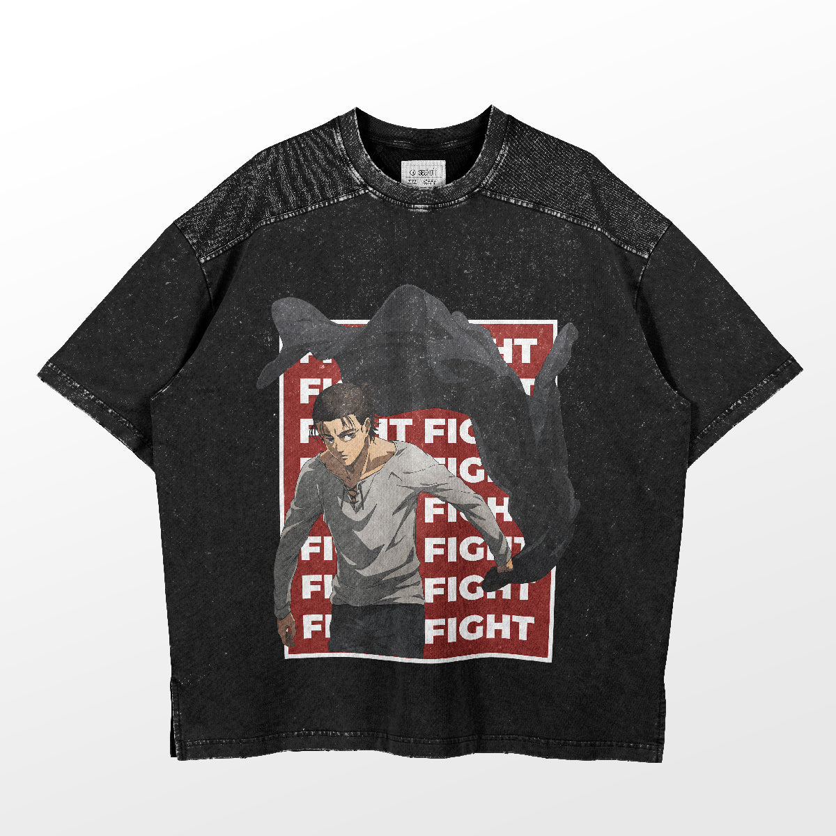The Eren Yeager Fight T-Shirt by Attack on Titan showcases a stylized character with a shadowy figure on a red and white "FIGHT" background. With textured shoulder patterns and a worn look, it's ideal for any fan.