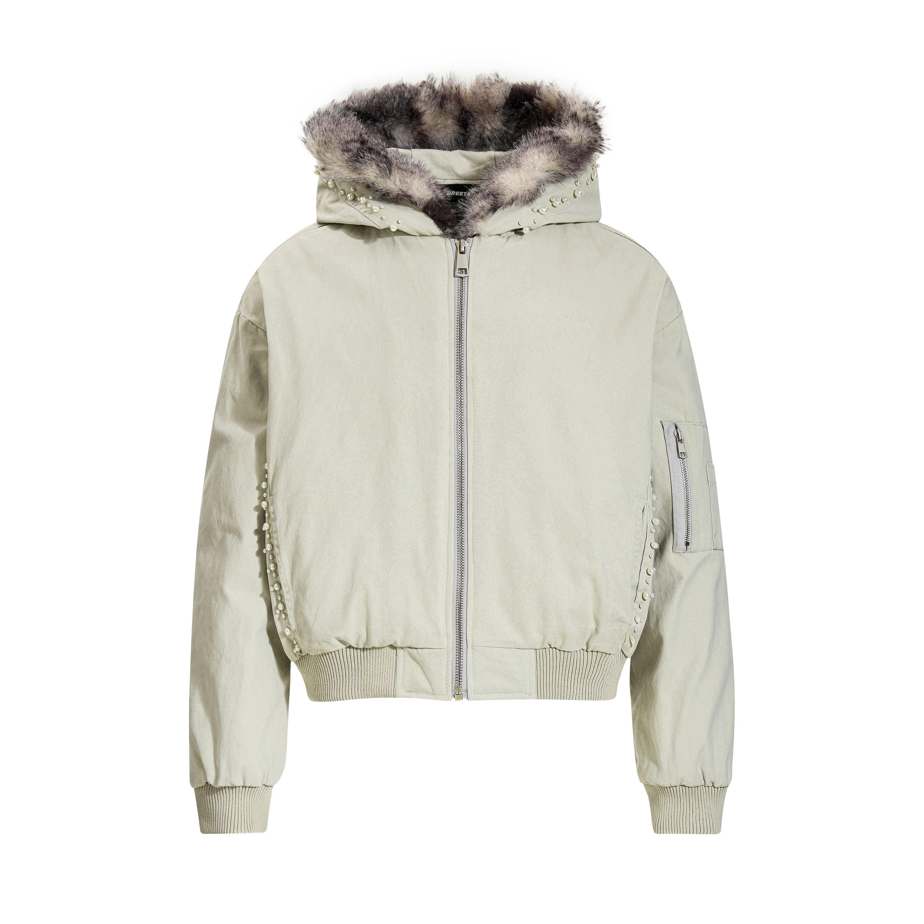Studded Faux Fur-Trim Hooded Bomber Jacket | Washed Cotton