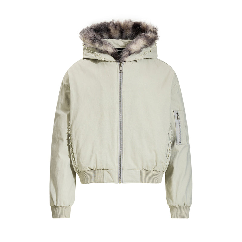 Studded Faux Fur-Trim Hooded Bomber Jacket | Washed Cotton