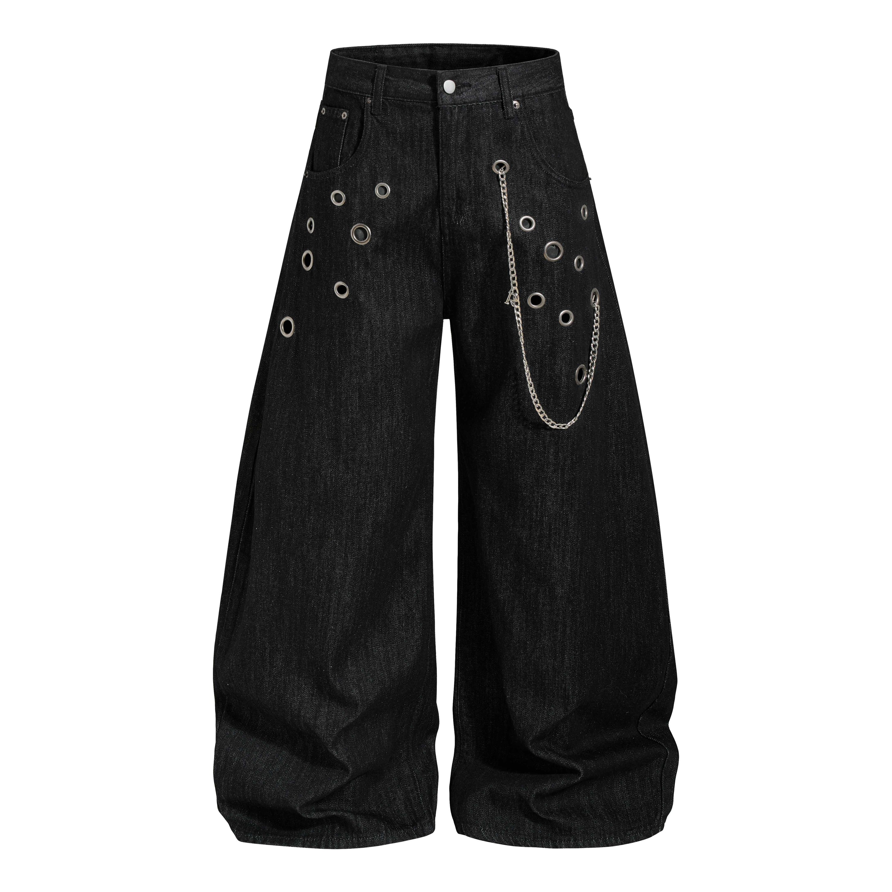 Wide-Leg Black Denim Pants with Eyelet & Chain Detail