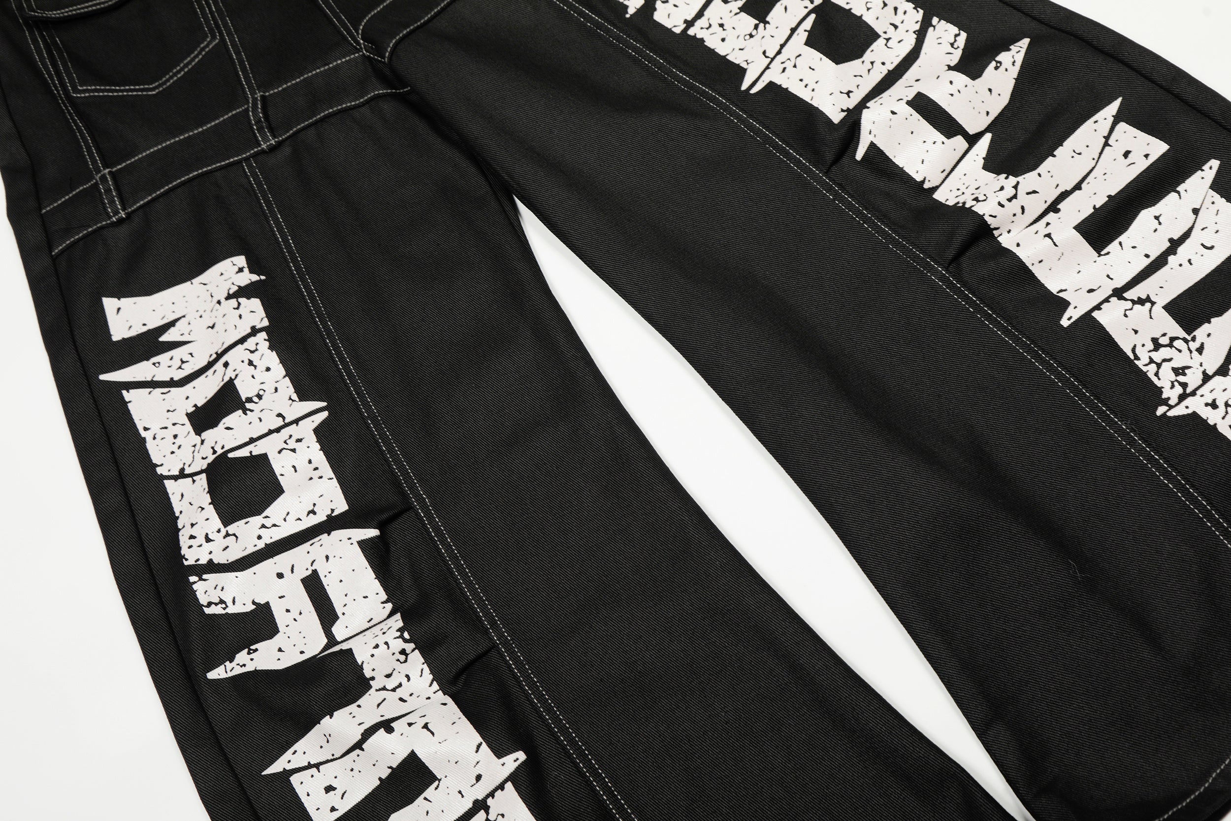 Omirad Graffiti Print Contrast Stitch Wide Leg Denim Pants