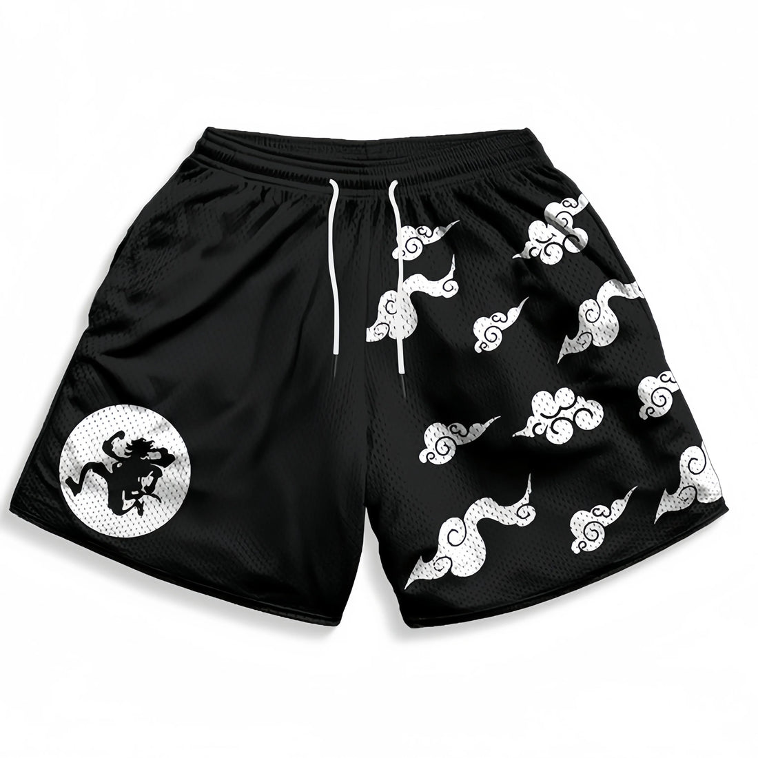 Black athletic shorts from Seakoff with Wano Country smoke pattern in black and white, featuring a dragon silhouette, white cloud designs, and a white drawstring for perfect adjustment.