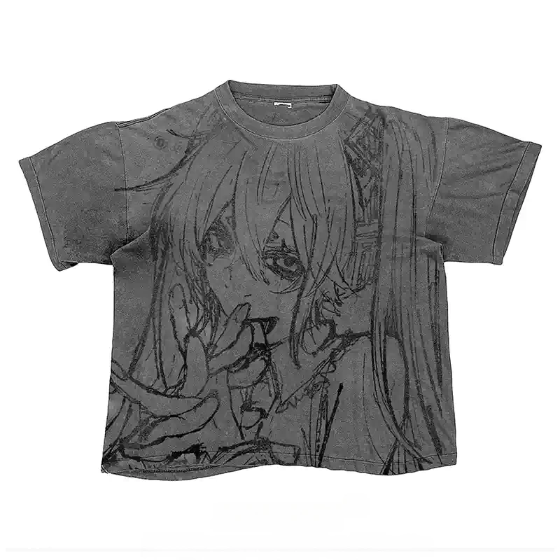Anime Sketch Graphic Oversized Washed Grey T-Shirt
