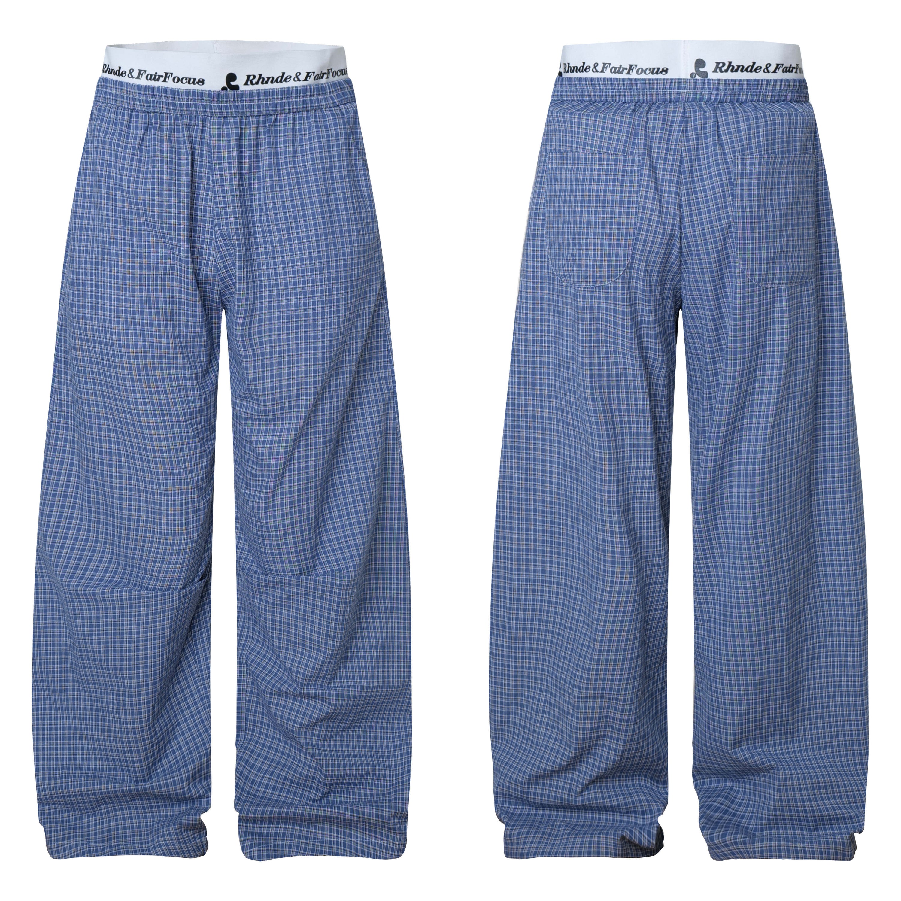 Front and back view of blue plaid check pattern relaxed wide-leg cotton pants with branded elastic waistband