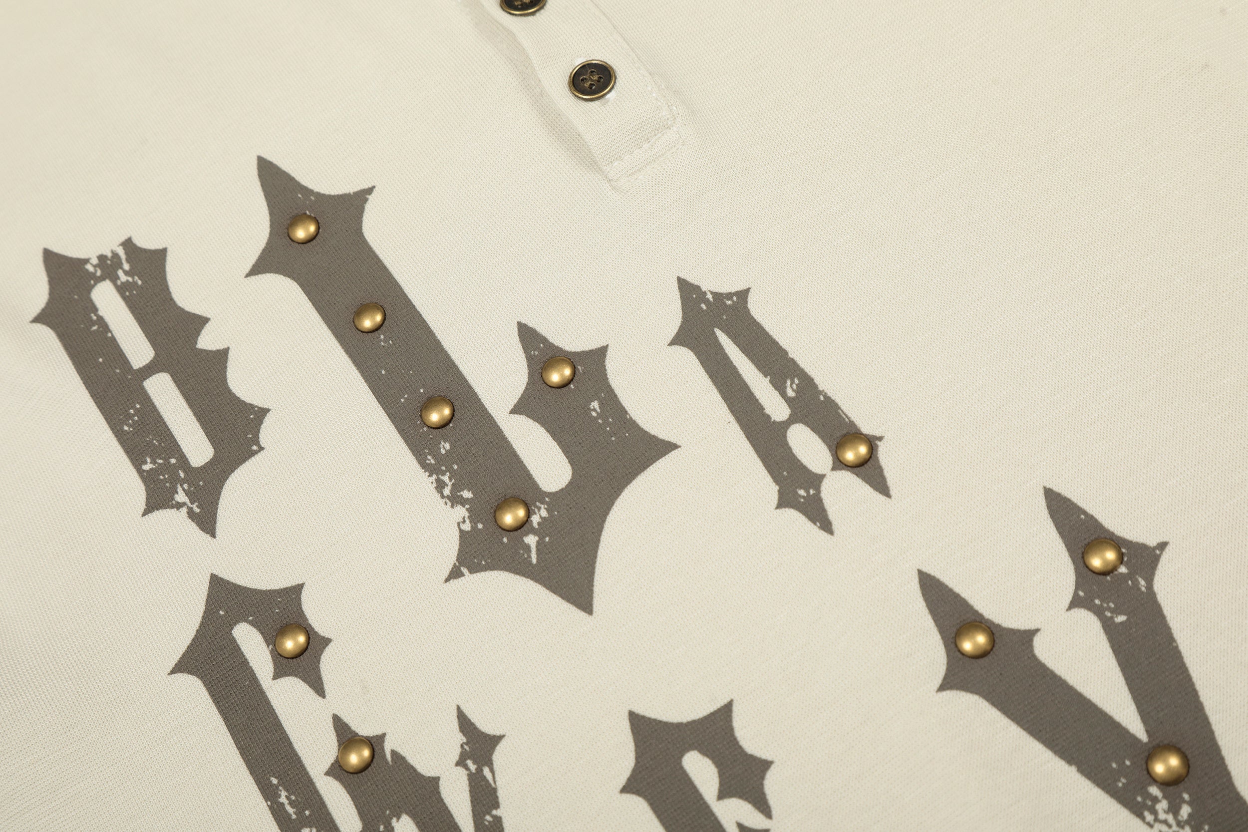 Gothic Graphic Long Sleeve Henley Tee with Stud Accents