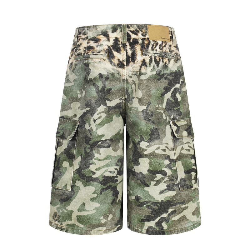 Back view of green leopard camo cargo shorts with tan label and rear welt pockets