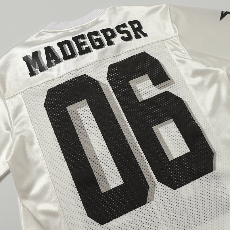 White Mesh Panel Football Jersey Tee with bold black 06 and MADEGPSR lettering on the back