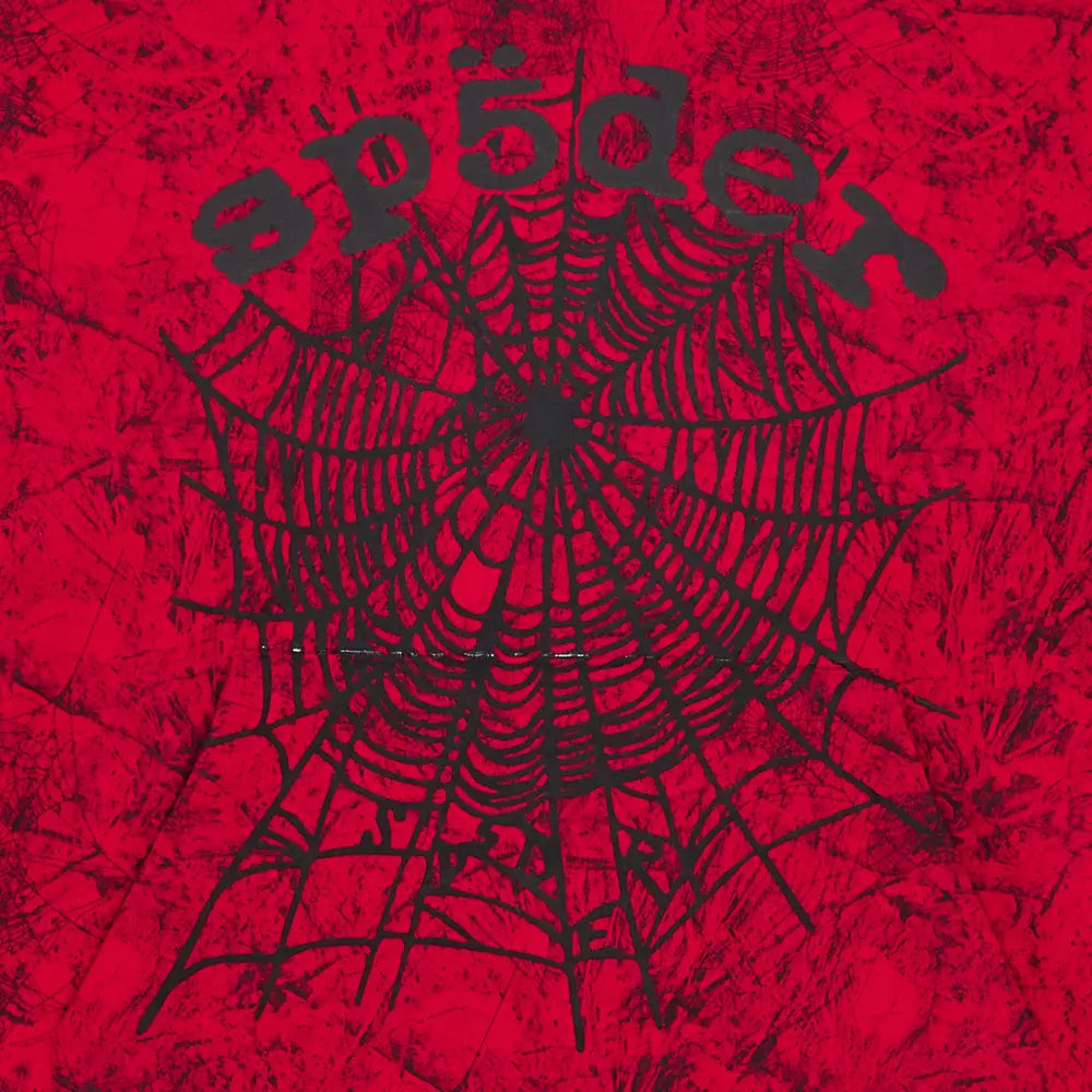 A black spiderweb with "sp5der" above it appears on a red, textured background with abstract markings, reflecting the bold streetwear style of the Red Sp5der Web Hoodie 440GSM – Red Spider Web Graphic Hoodie.