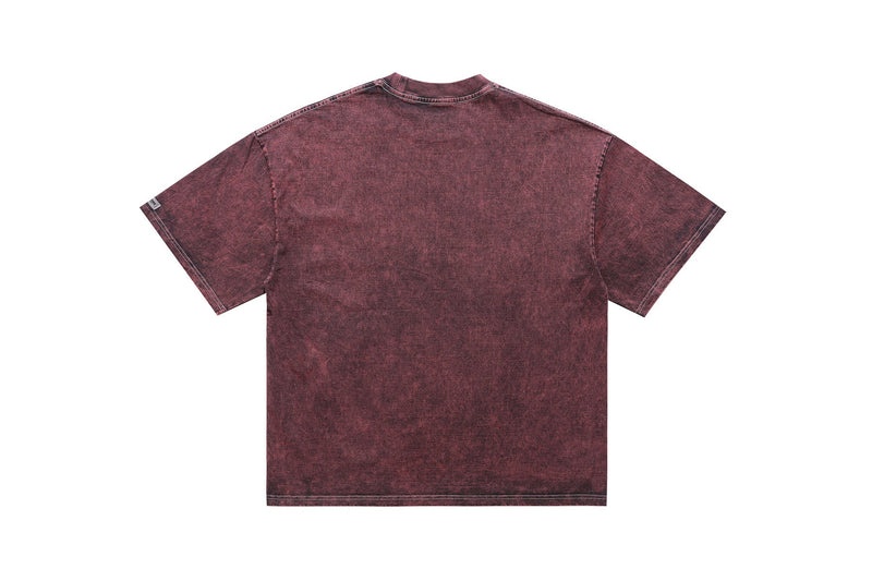Vintage washed maroon graphic tee with a faded back view and relaxed short-sleeve fit on a white background