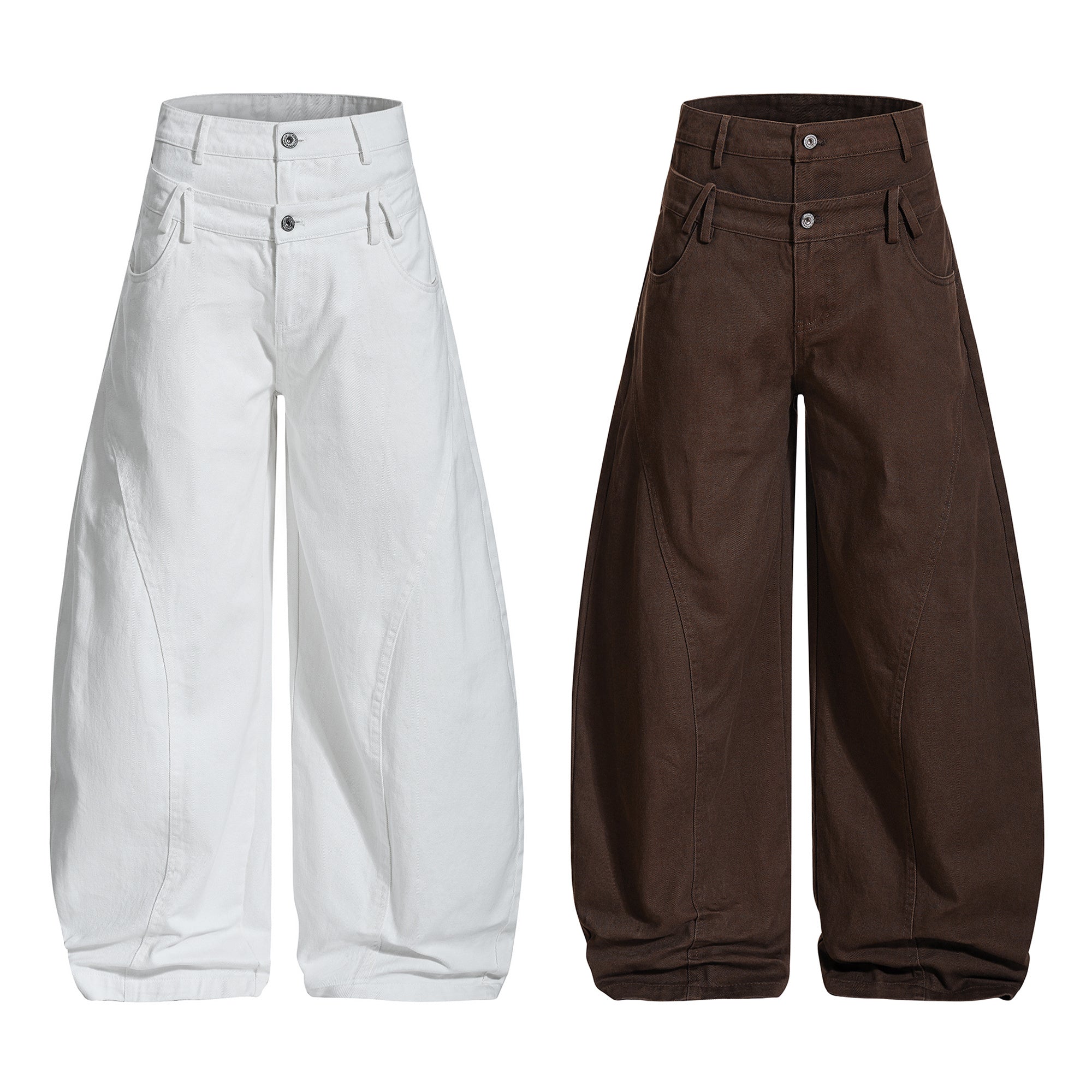 White and brown double-waist curved wide-leg balloon pants displayed side by side on a white background