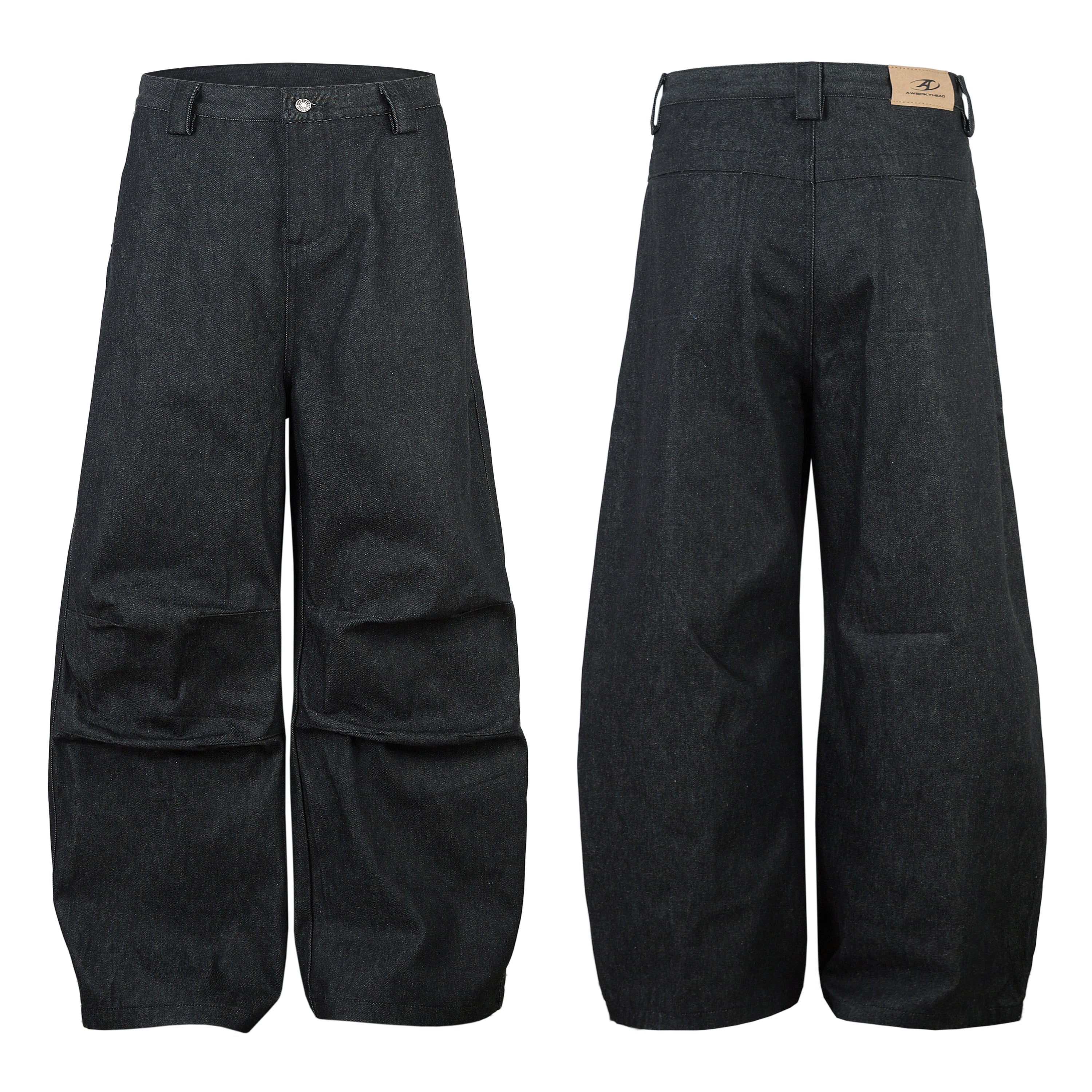 Front and back view of dark-wash wide-leg denim pants with 3D knee pleat construction and leather back patch