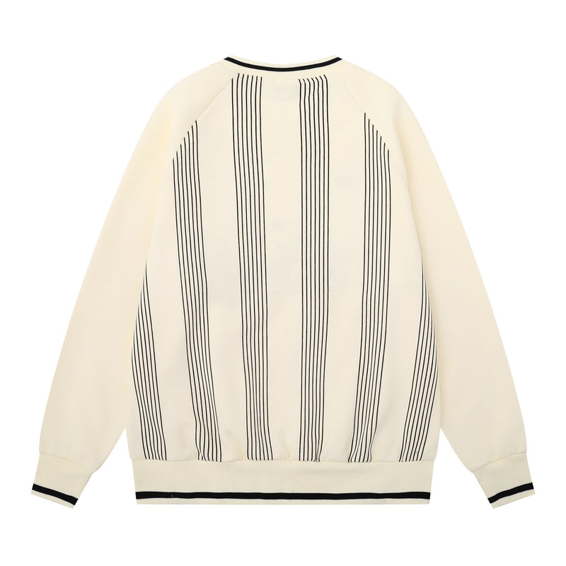 Back view of cream varsity sweatshirt with vertical pinstripes and striped hem