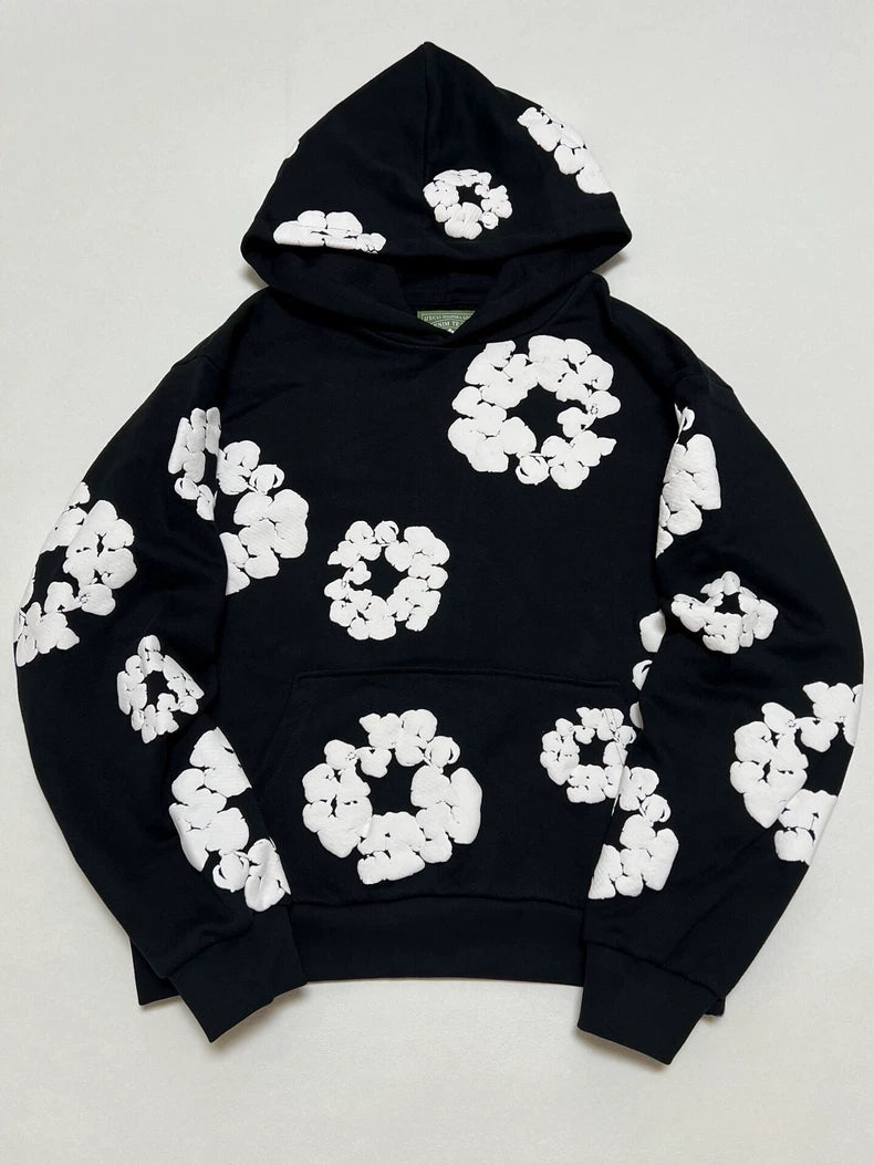 Black “Cotton Wreath” Denim Tears Hoodie – White Floral Ring Print Streetwear Hoodie