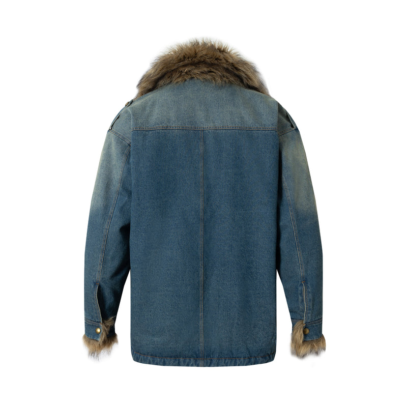 Oversized Faux-Fur Collar Denim Jacket | Vintage Wash