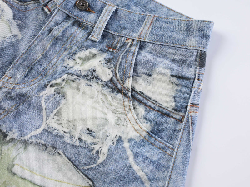 Close-up of front pocket and upper thigh floral patchwork detail