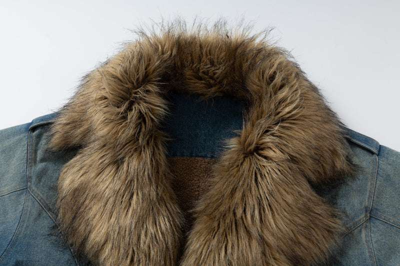 Oversized Faux-Fur Collar Denim Jacket | Vintage Wash