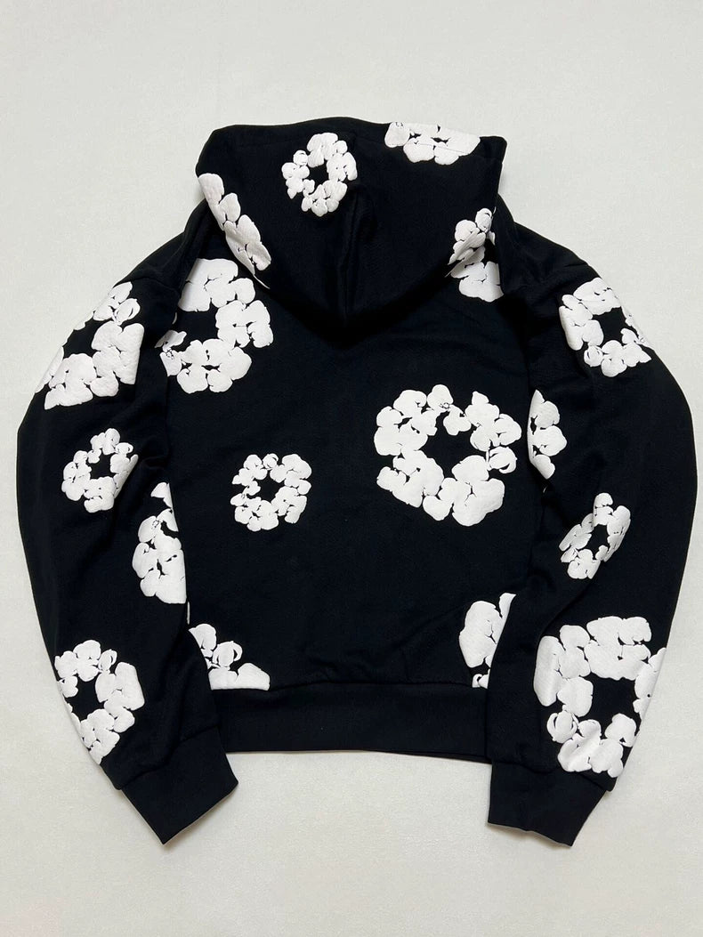 Black “Cotton Wreath” Denim Tears Hoodie – White Floral Ring Print Streetwear Hoodie