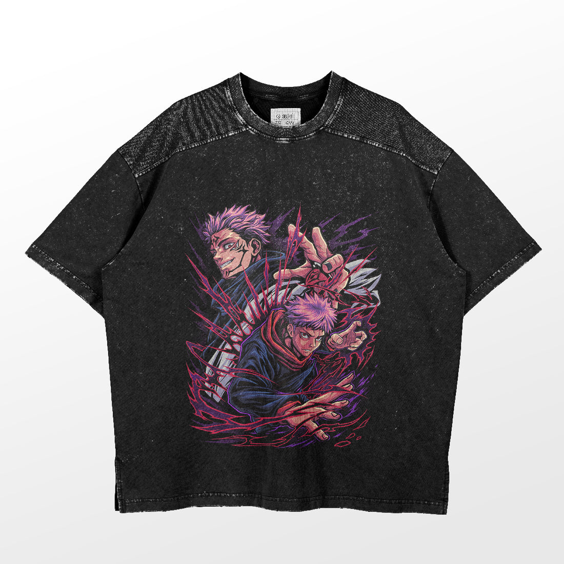 The black Sukuna and Itadori Dual Power Jujutsu Kaisen T-Shirt by Jujutsu Kaisen features a vibrant illustration of two animated characters with spiky purple hair in dark attire, surrounded by red and purple energy graphics, ideal for anime events.