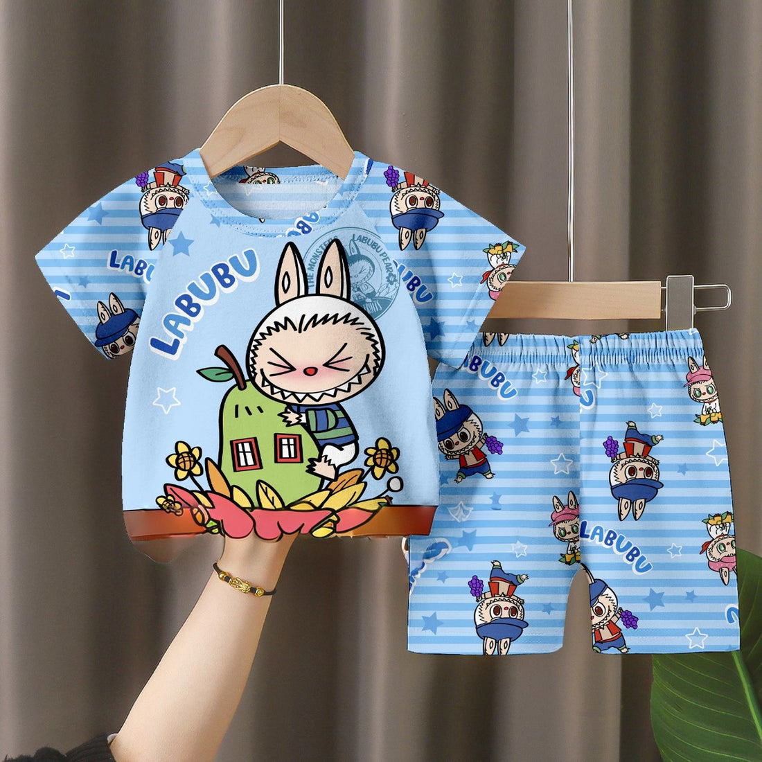 Discover the LABUBU Baby Pajama Set - Whimsical Blue Milk Silk Sleepwear. This children&