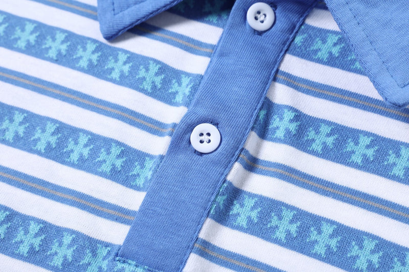 Blue striped polo button placket close-up with knit texture
