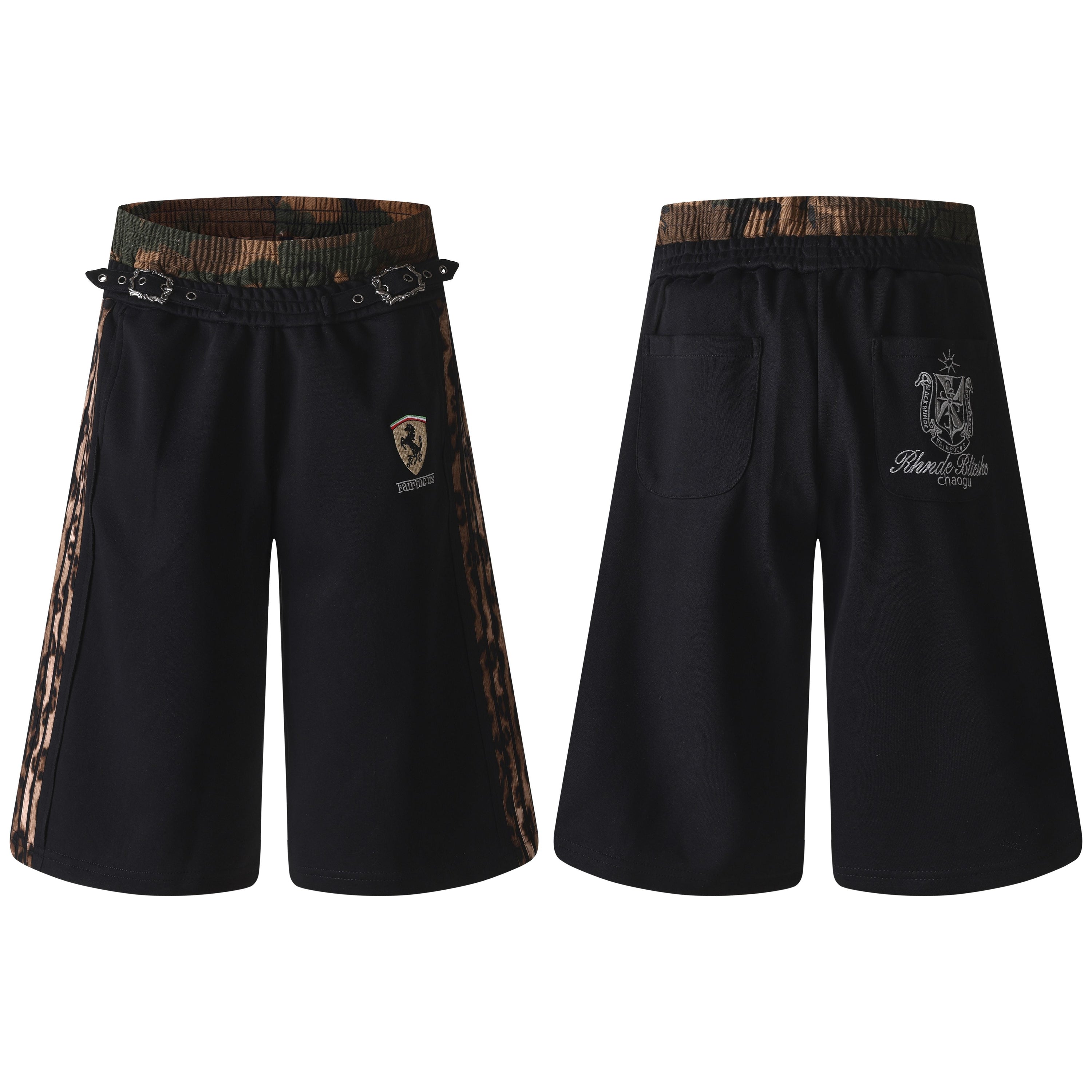 Black wide-leg shorts with leopard side panels, camo elastic waistband, metal hardware, and embroidered crest logo, front and