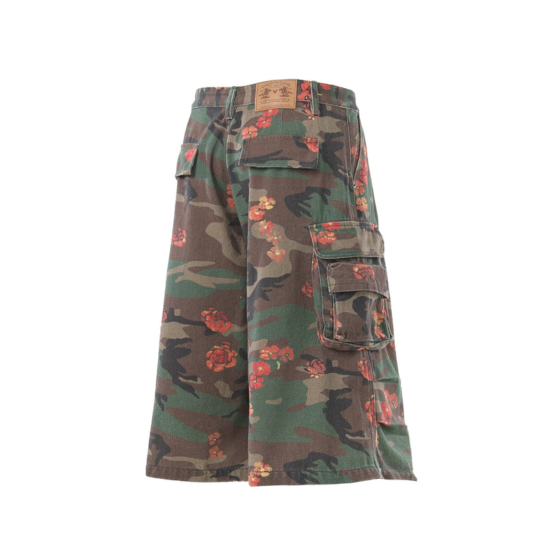 Front angled view of floral camo cargo shorts with button waist and cargo pocket