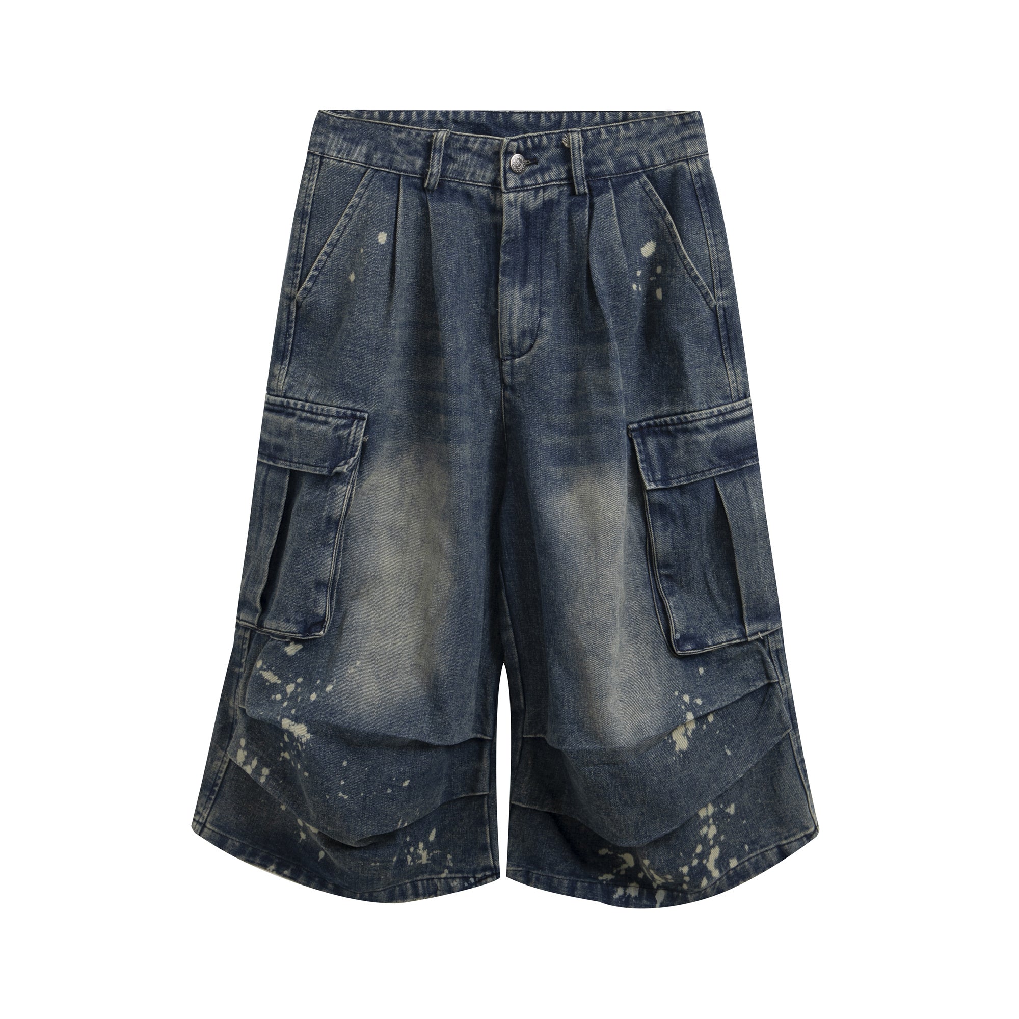 Front view of Omirad vintage cargo denim shorts in washed blue with paint-splatter distressing and oversized side pockets