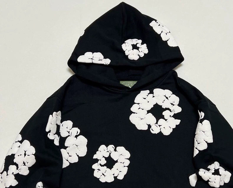 Black “Cotton Wreath” Denim Tears Hoodie – White Floral Ring Print Streetwear Hoodie