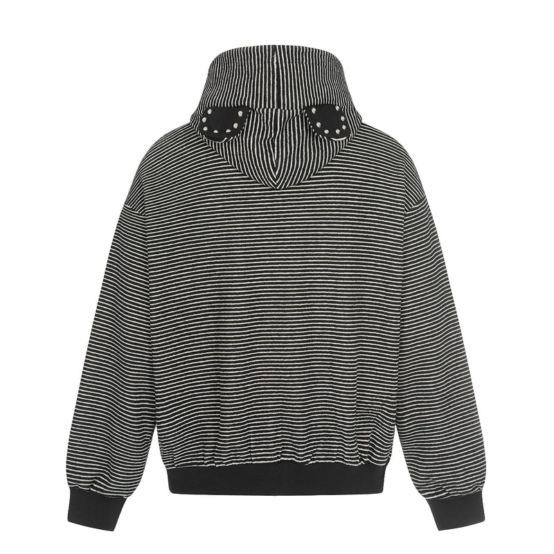 Back view of black striped hoodie with black studded bear ears on the hood