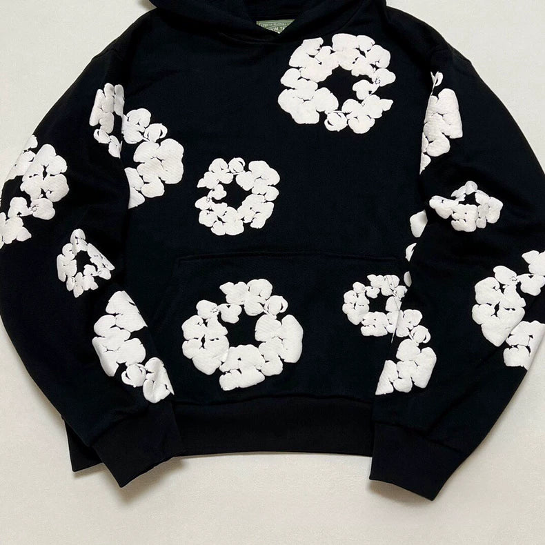 Black “Cotton Wreath” Denim Tears Hoodie – White Floral Ring Print Streetwear Hoodie